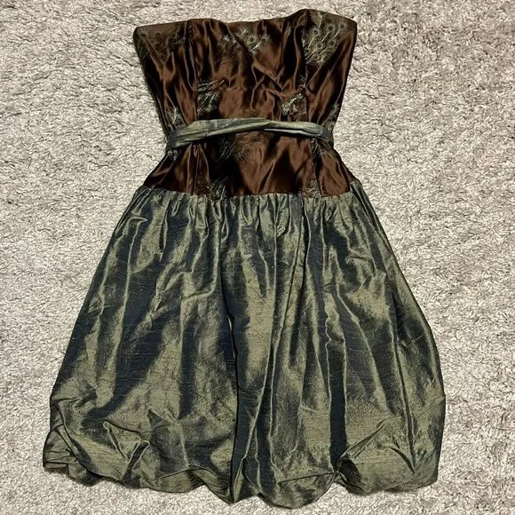 Molly B | Dresses | Molly B 0 Silk Brown Green Peacock Feather Strapless Cocktail  Dress Sz 6